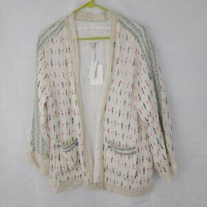 JOIE Womens M/L Jacket Kimono Top RUMER White Blue Pink Lace Pockets NEW, FLAWS